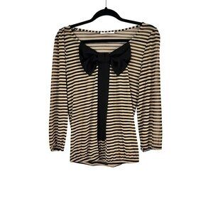 Retro Striped Bow Top M Black Mesh Parisian Classic Chic Glam Preppy Neutral 80s